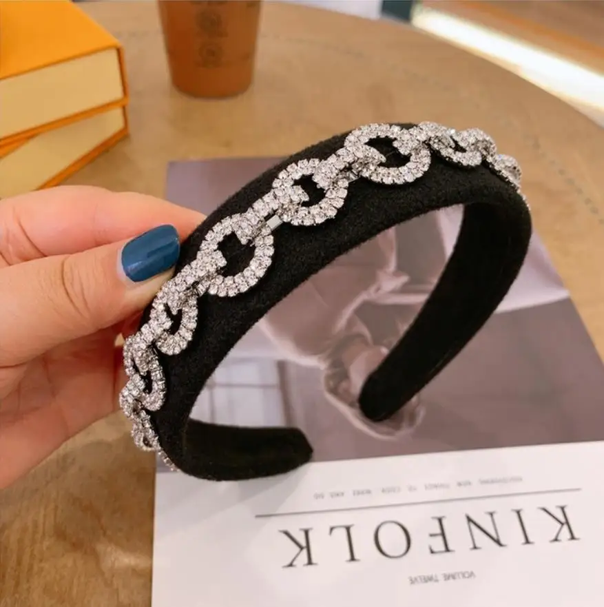 

2021 Rhinestone Alloy Chain Headbands Fashion Hair Accessories Women Black Wide-brimmed Headband Luxury Hairband Headwear