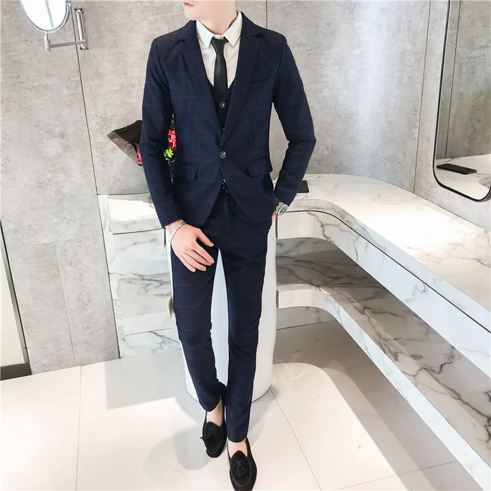 

Men Youth plaid small suit male Korean version of the groom wedding dress groomsman group dress three-piece professional wear
