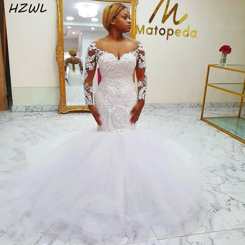 

Luxury Mermaid Wedding Dresses Major Beaded Long Sleeves Sheer Neck Bridal Dress Full Sleeves Plus Size Wedding Wear