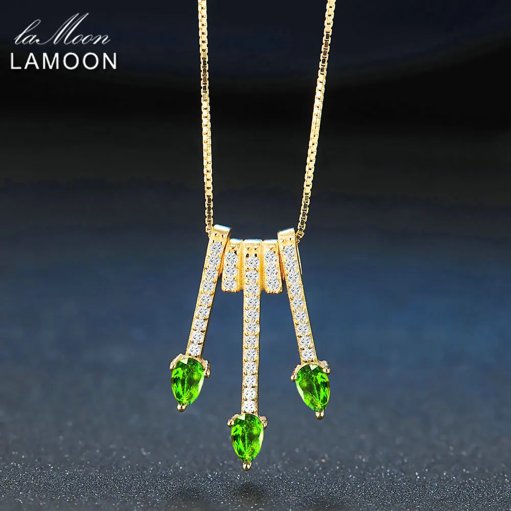 

Lamoon 2017 New Pear-Shaped Real Natural Diopside Gemstone Chain Arrows Pendant Necklace 925 Sterling Silver Jewellry LMNI061