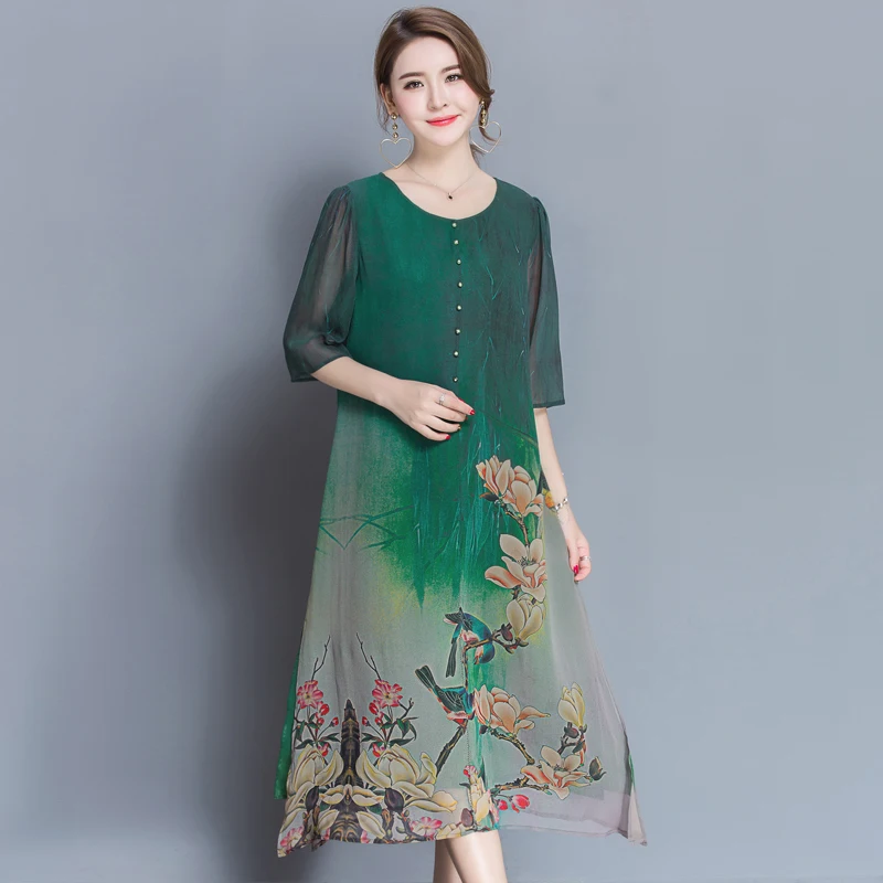 Женское шелковое длинное платье с цветочным принтом большие размеры весна-лето
