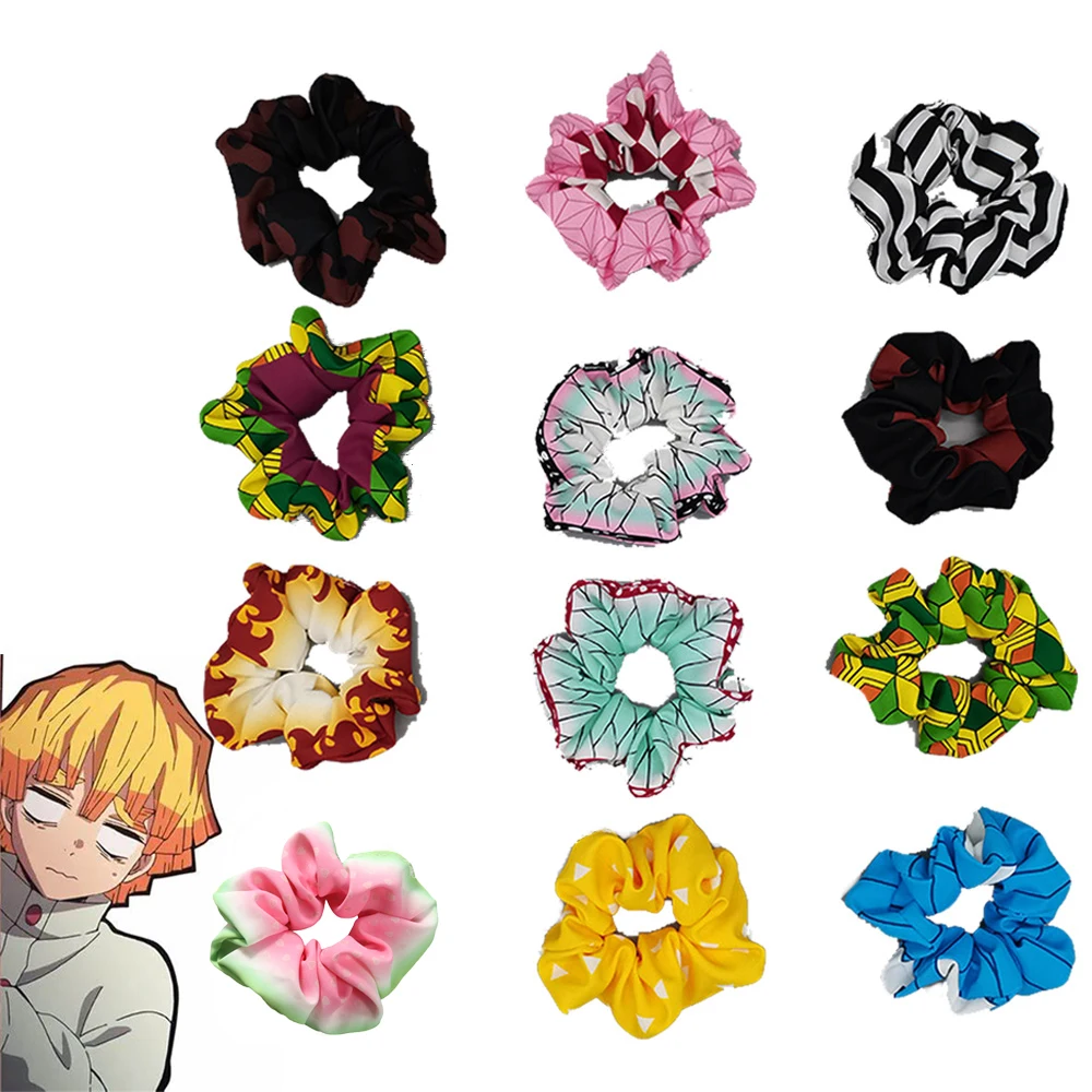 

Anime Demon Slayer Cosplay Hair Scrunchies Nezuko Zenitsu Tanjirou Makomo Features Fashion Hair Accessories Girl Costume Props
