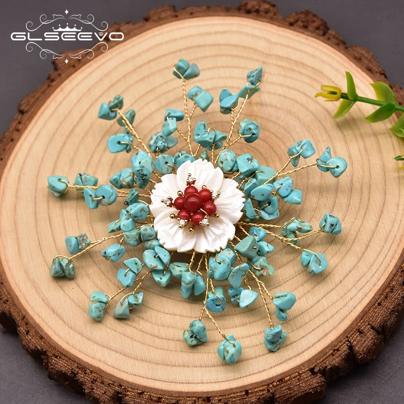 

GLSEEVO High Quality Handmade Vintage Gold Brooch Ladies Wedding Natural Turquoise Leaf Jewelry Accessory GO0382