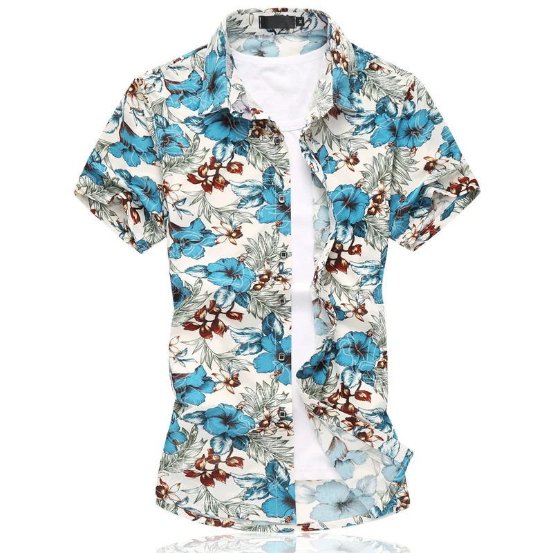 

High Quality Beach Shirts Men Summer Vacation Short Sleeve Camisas Para Hombre Mens Elasticity Floral Printed Hawaiian Shirt 6XL