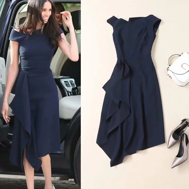 

Платье принцессы Меган, офисное платье с односторонним воротником, лето 2021