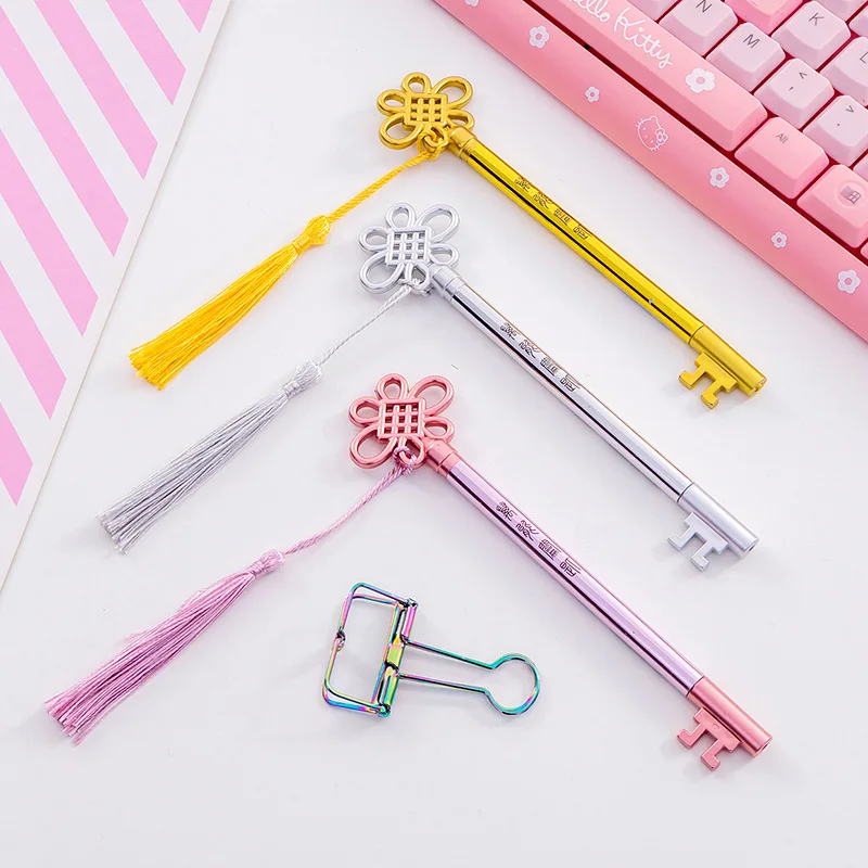 

3 Pcs 0.5mm Creative Hanging Ear Chinese Knot Key Shape Writing Gel Pen Pretty Stationery & Office School Supplies Free Shipping