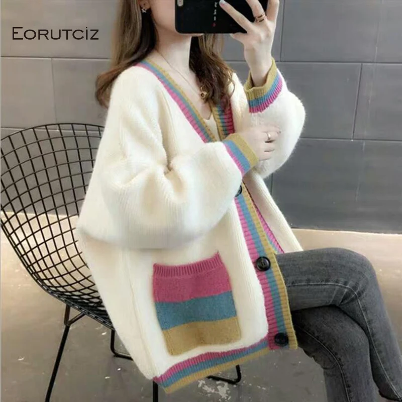 

EORUTCIZ Winter Patchwork Cardigan Women Sweater Warm Thick Oversize Knitted Casual Autumn Top Long Sleeve Basic Coat LM659