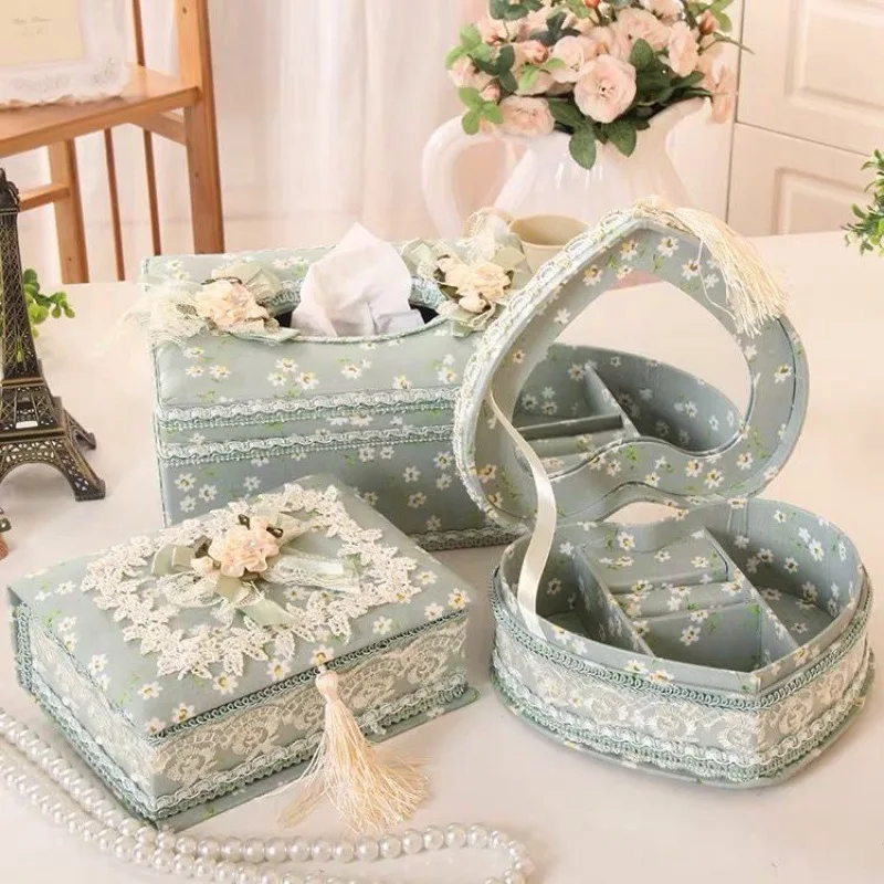 

Lace Fabric Jewelry Storage Box Home Desktop Earrings Ring Dust-proof Finishing Storage Living Room Tissue Box Pumping Box