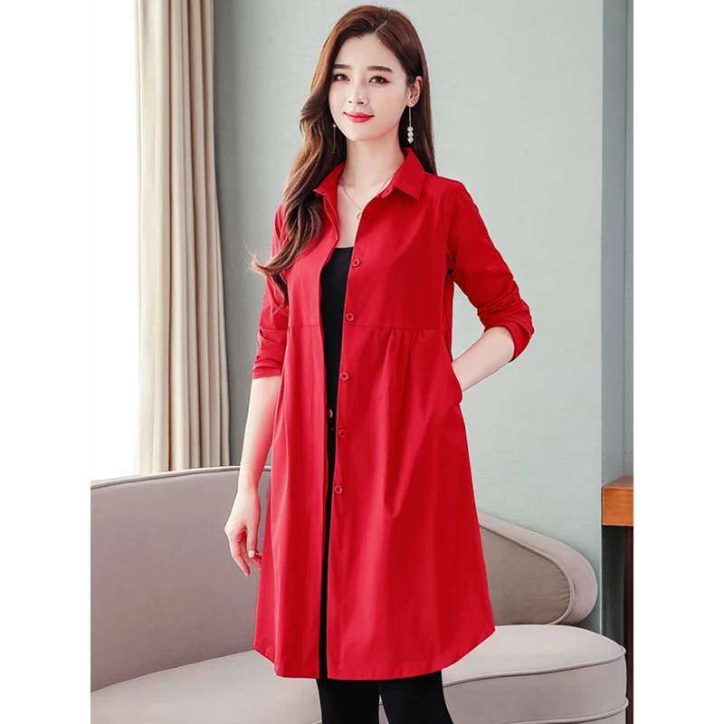 Женский однобортный Тренч однотонное повседневное пальто красного черного