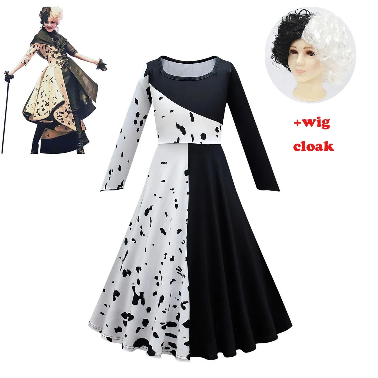 

New Movie Evil Madame Cruella De Vil Girls Cosplay Costume Gown Black White Maid Dress Kids Halloween Party dress with cloak wig