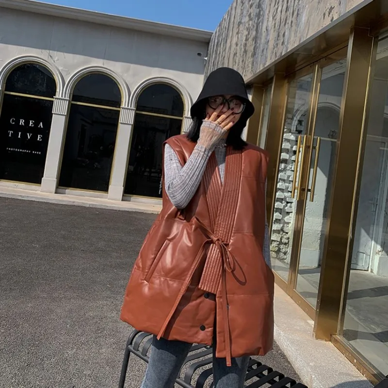 

Thicken Warm Winter Sleeveless Down Jacket Women Real Leather Vest Fashion V-Neck Lace Up Loose Casual Sheepskin Tank Waistcoat