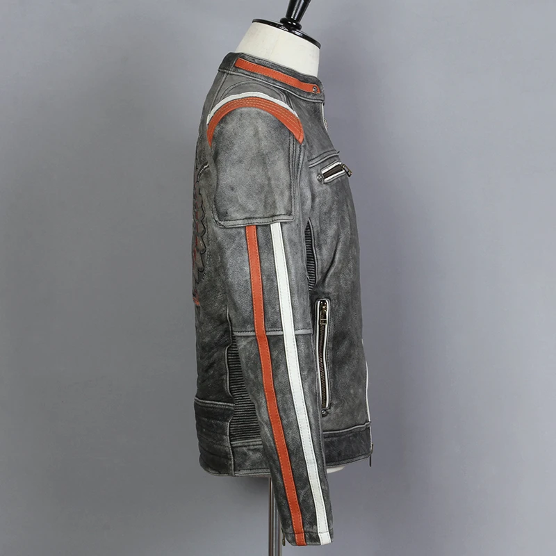 Мужская байкерская куртка FLY AVIREX черная облегающая мотоциклетная из натуральной кожи с черепом в винтажном