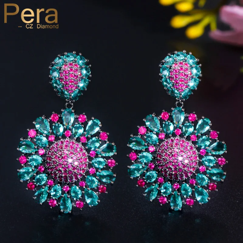 

Pera Brand Designer Shiny Rose Red CZ Stone Big Round Flower Statement Dangle Earrings for Women Engagement Party Jewelry E553