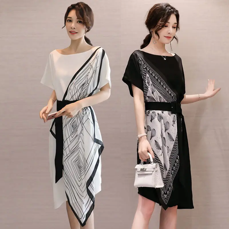 Женские платья с принтом и шарфом трапециевидной формы до колен в азиатском