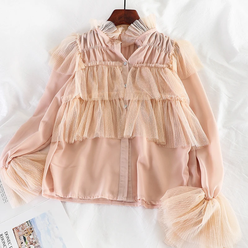 Women Blouse Shirts Женская рубашка с расклешенными рукавами в стиле пэчворк, шифоновая, сетчатая, марлевая, базовая, с оборками, винтажная, короткая, эластичная, тонкая, на пуговицах, пуловер, блузка, топы - Цвет: Women Blouse Shirts