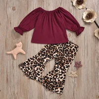 spring and autumn childrens clothing one shoulder long sleeved top leopard print flared pants two piece girl long sleeved suit