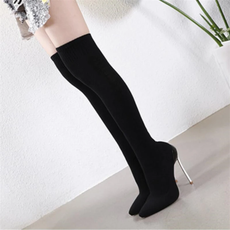 Осень зима острым эластичной ткани на высоком каблуке 12 см сапоги с теплым носком