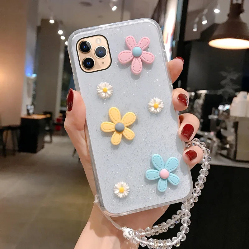 

3D Flowers Transparent Glitter Bling Case With WristStrap Chain For iPhone 11 12 Pro X XR XS Max 8 7 6 6s Plus 12 Mini SE 2020