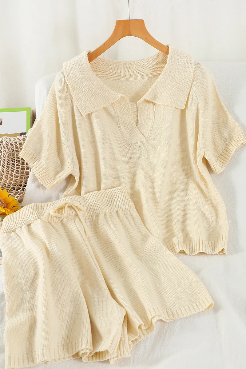 

Korean style summer new product loose casual fashion suit loose knit sweater top wide leg shorts two-piece suit