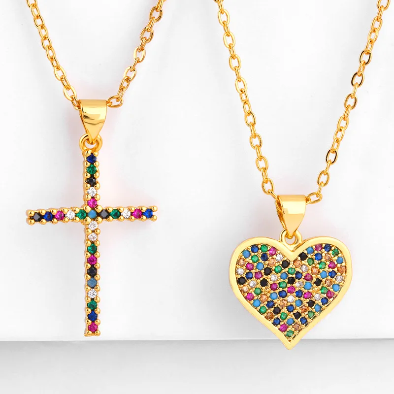 

Luxury Rainbow Zirconia Cross Charm Necklace For Women Pave CZ Heart Colorful Pendant Choker Gold Plated Christian Jewelry Gift