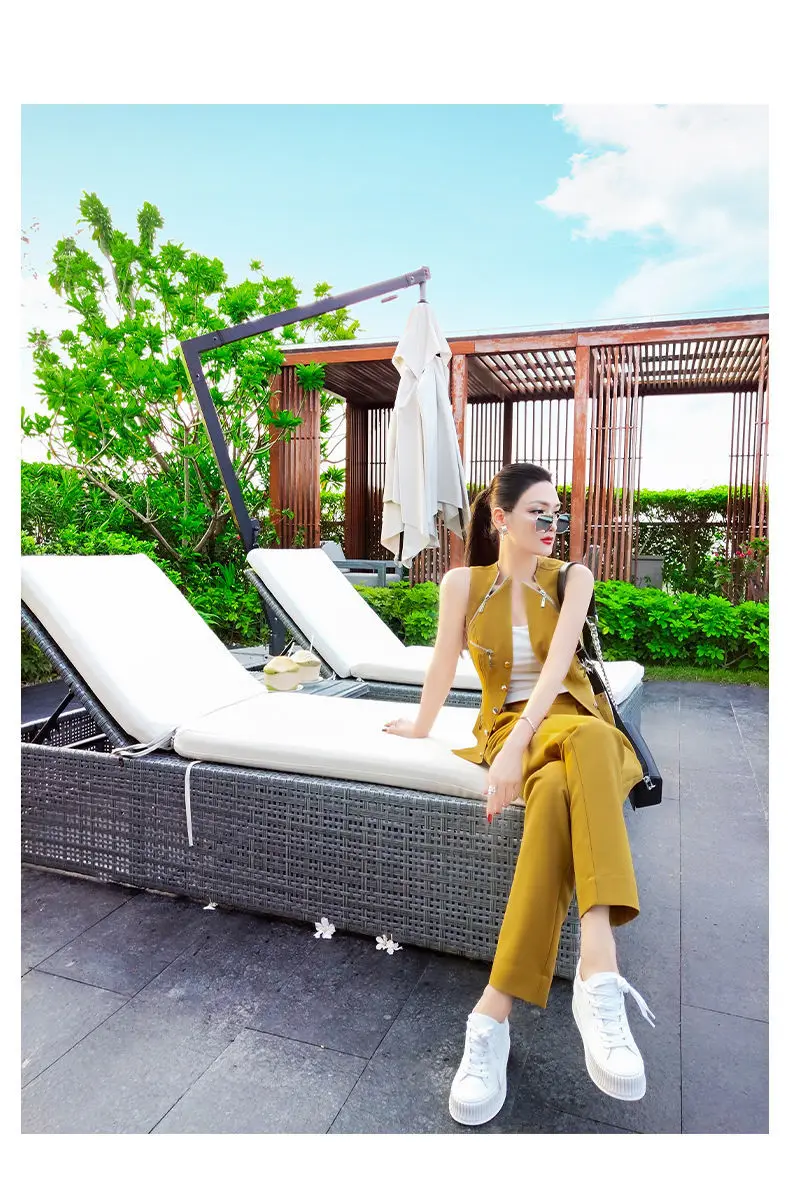 

Women 2021 Summer Fashion Set Female Sleeveless Coat + High Waist Pants Suit Two Piece Set Office Lady Vest Jacket Outfits B22