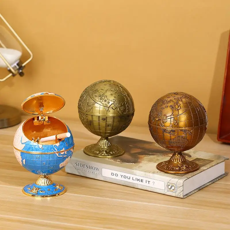 

Винтажная пепельница из цинкового сплава с рисунком карты, пепельница в европейском стиле, ветрозащитная пепельница, Настольная переносна...