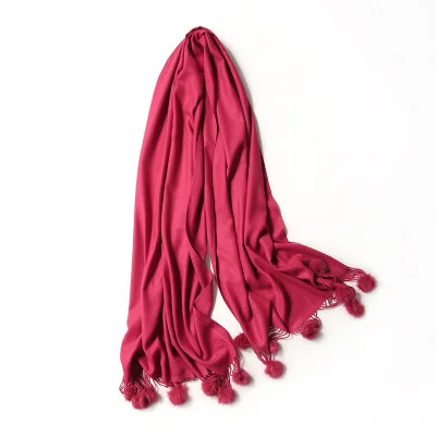 Dark Red Pom Scarf Теплые, зимние, шерстяные кашемировые помпоны, шарф, розовый толстый с кроличьим меховым шаром, пашмины, большой палантин, Дамская шаль, акриловый шарф - Цвет: Dark Red Pom Scarf
