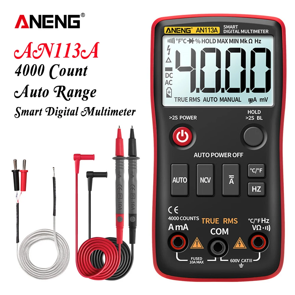 

ANENG AN113A Digital Multimeter True RMS with Temperature Tester 4000 Counts Auto-Ranging AC/DC Transistor Voltage Meter