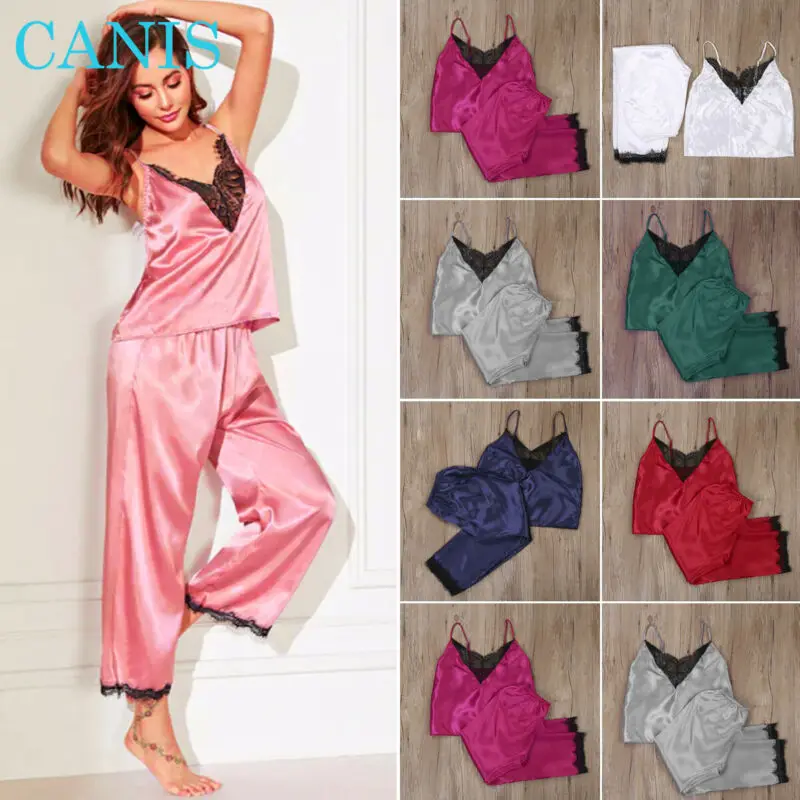 Sexy Women Satin Silk Sleepwear Lace V Neck Top + Long Pants Pyjamas Nightgown Two-piece V-neck pajamas |