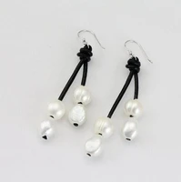 unique design aa leather pear earrings 9mm white double freshwater pearls s925 sterling silver dangle leather fine jewelry