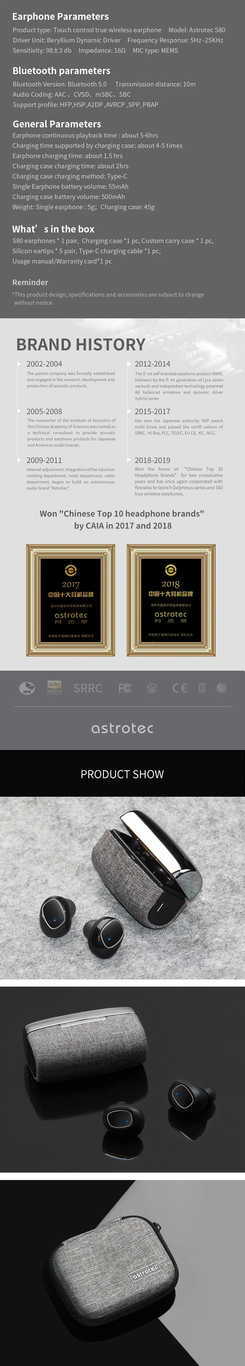 Astrotec S80 бериллиевый Динамический драйвер истинные Беспроводные наушники с аудиофильским звуком и BT 5,0