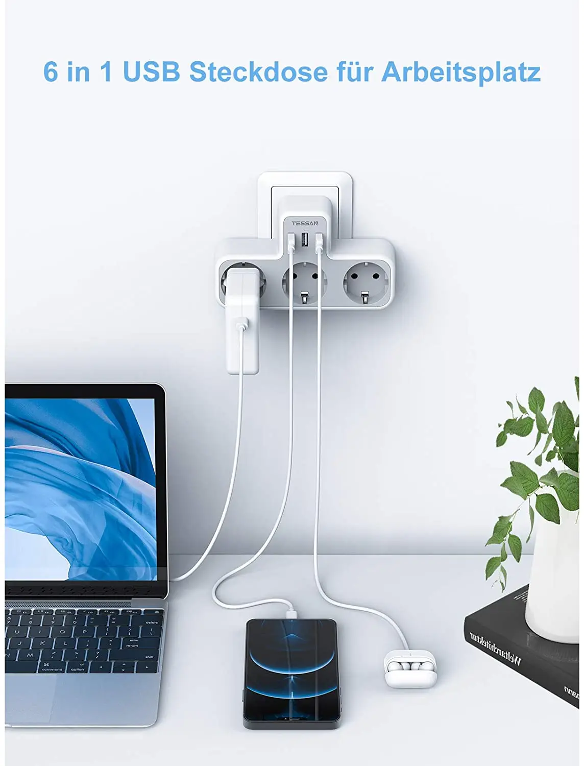 TESSAN EU Standard Plug Power Strip with 3 USB Ports &amp AC Outlets Multi Extender Wall Socket Adapter Type-E/F |