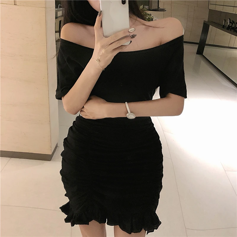 

[LDYRWQY] Sexy Off-the-shoulder Pleated Slim Fit Hip Women's Spring Dress Zippers Knee-Length Regular Slash neck