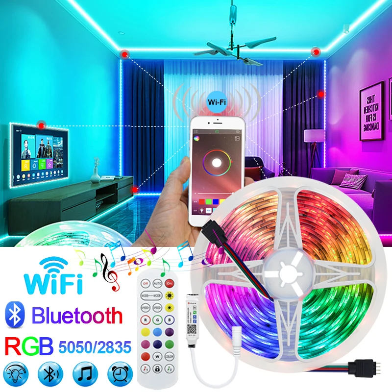 

Bluetooth WIFI LED Strip Lights RGB 5050 Flexible Ribbon Waterproof RGB LED Light Strip 5M 10M 15M 20M 25M 30M DC 12V Control