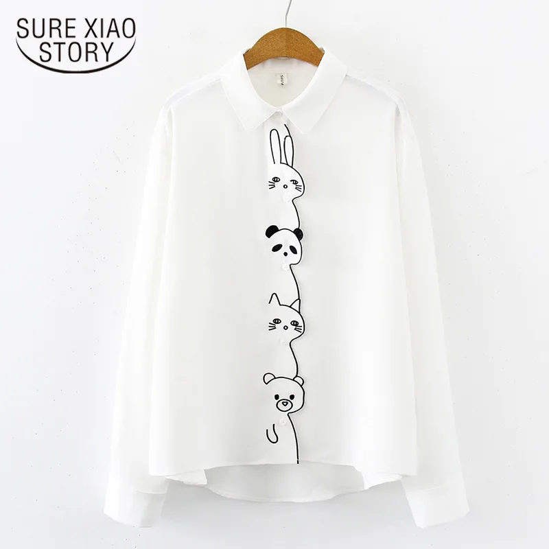 New White Shirt Casual Button Up Turn Down Collar Female Blouse Long Sleeve Cotton Blouse Embroidery Blouse Lady 5083 50
