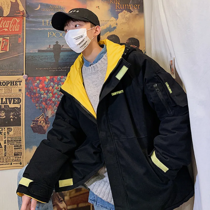 

Winter Men's Jacket Korean Casual Fashion Loose Harajuku Streetwear Pie Overcoming Men's Retro Zipper Hooded Men's Cargo Jacket