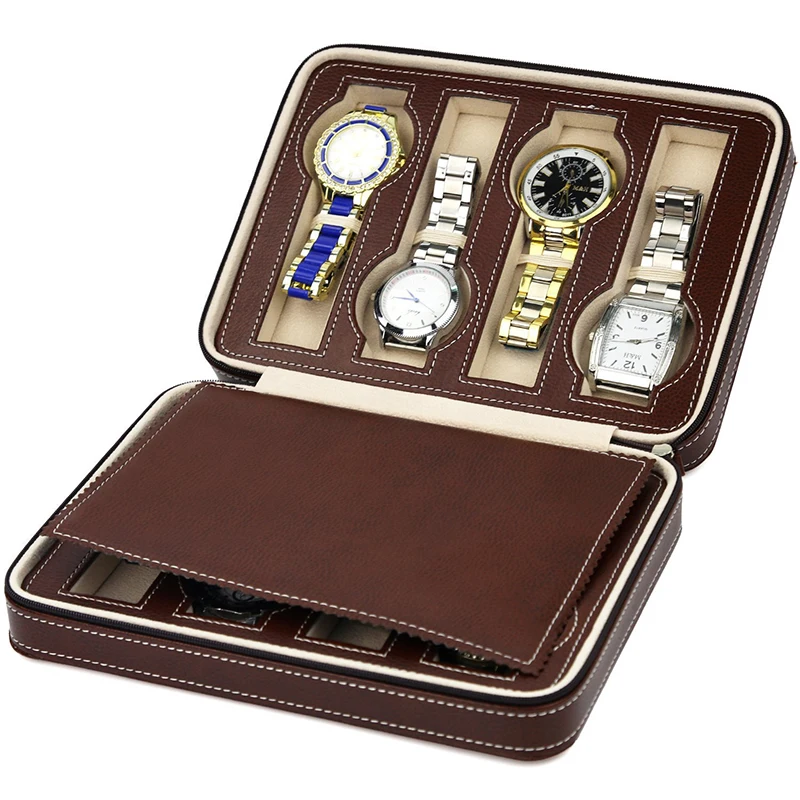 

Creative Watch Zipper Bag Watch Box Organizer Black Leather Brown Storage Bag Watch Box Case Travel Package Men Free Shipping