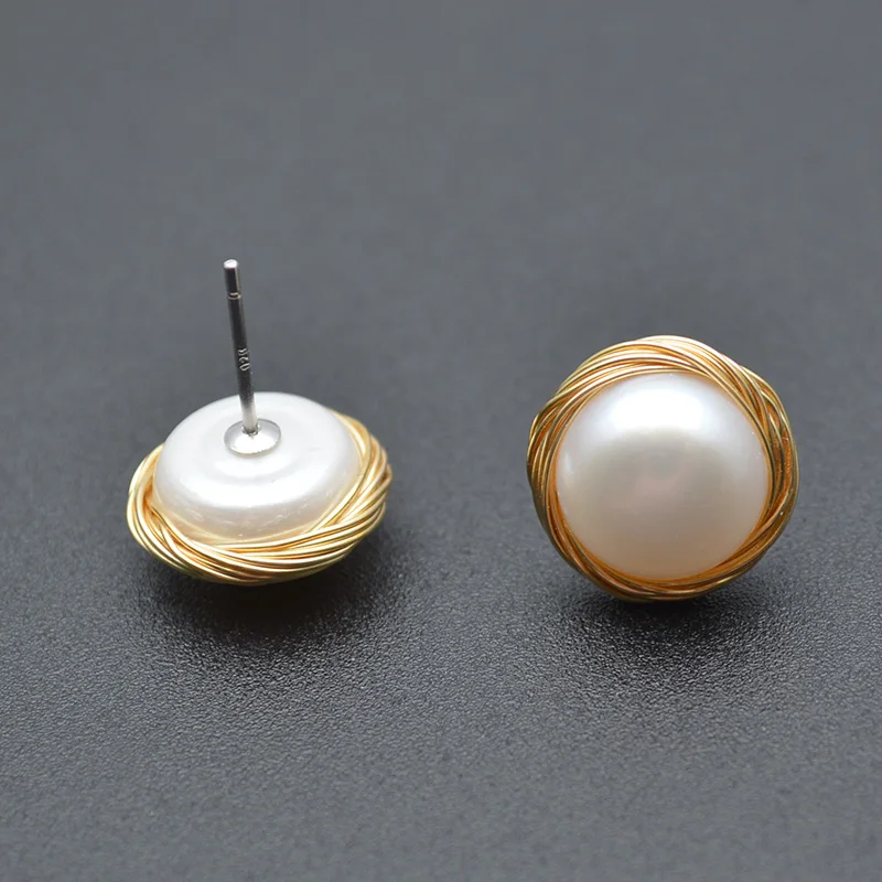 

925 Sterling Silver AAAA High Quality Natural Pearl Stud Earrings 14k Gold Plated Hand-made Winding Earrings for Women