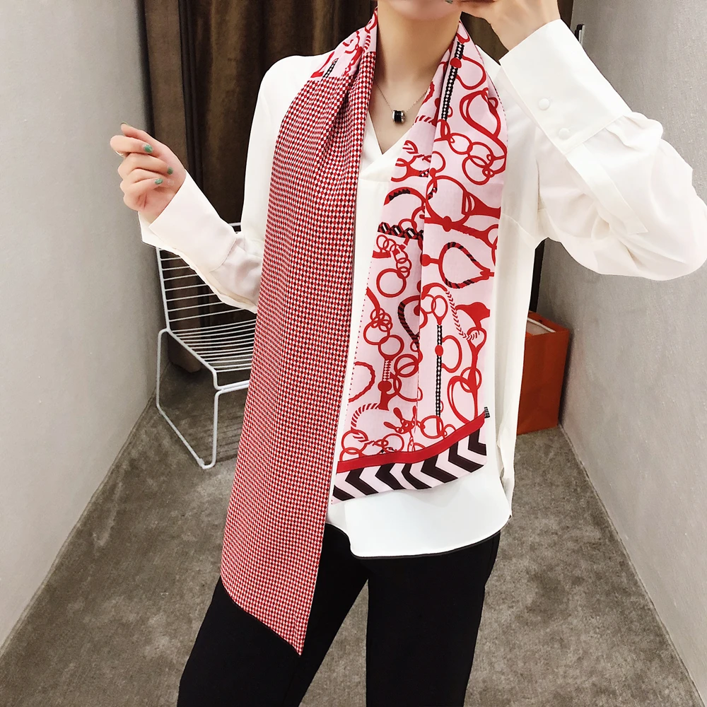 Luxury Brand Double-deck Plaid Scarf Women Design Belt Chain Fashion Neckerchief Silk Scarves For Ladies Head Handkerchief |