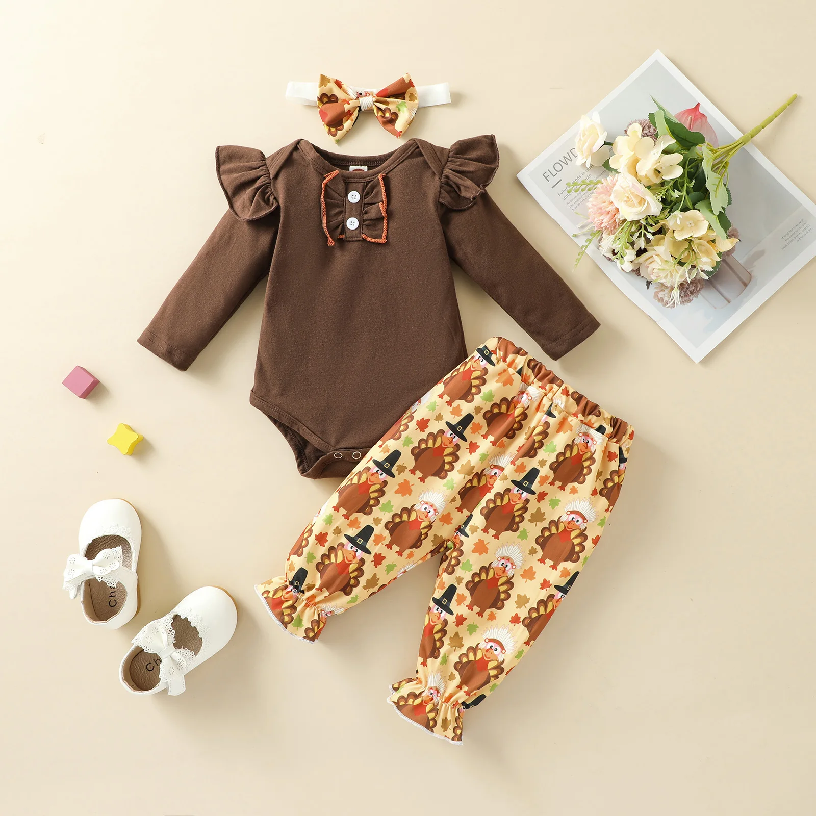 

3Pcs Toddler Thanksgiving Outfits Long Sleeves Brown Romper + Cartoon Turkey Pants + Hairband for Baby Girls 0-18 M