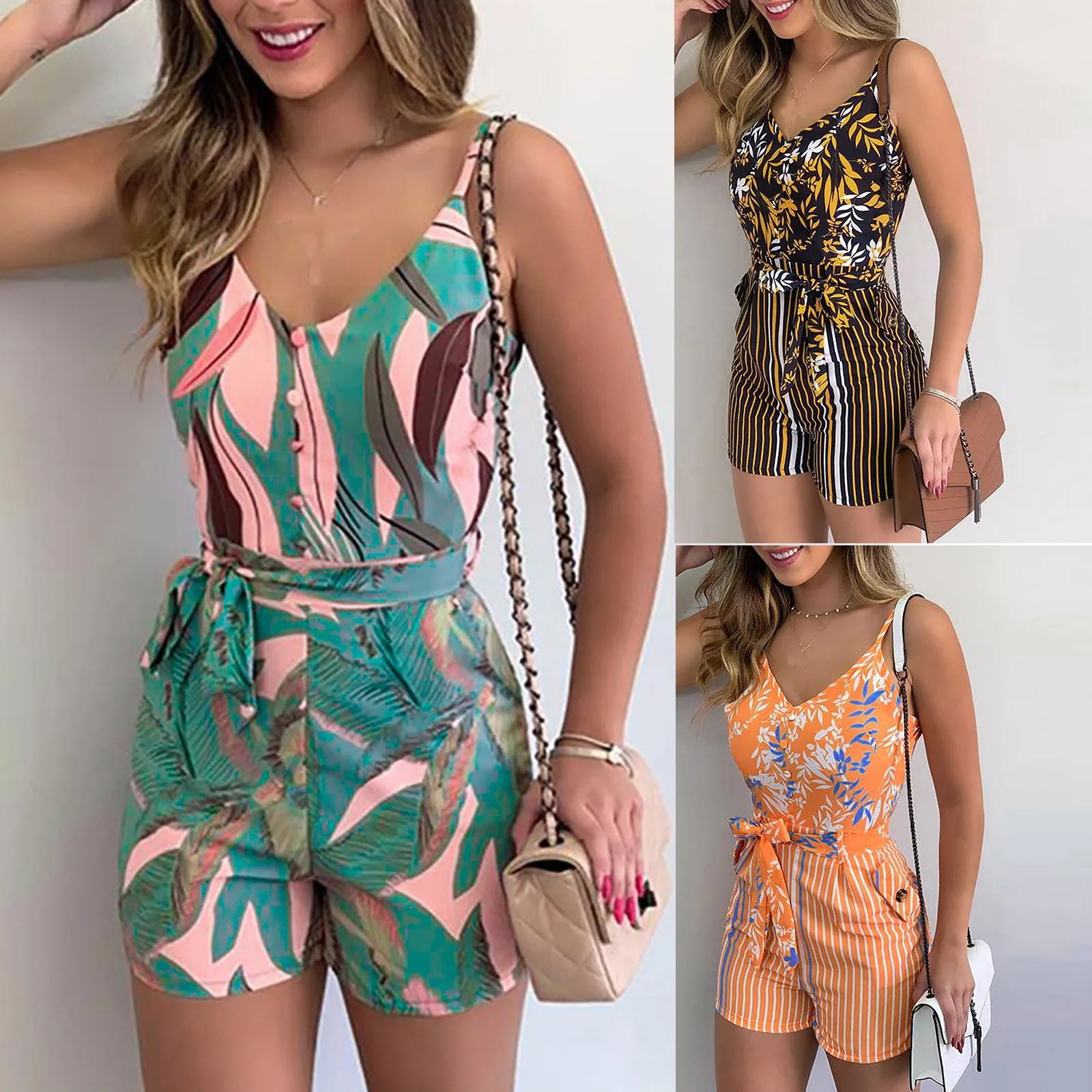 

Jumpsuit Shorts Women Fashion V-Neck Leaf Printed Jumpsuit With Belt And Pocket Jumpsuit Ladies Summer Trendy Casual Playsuit