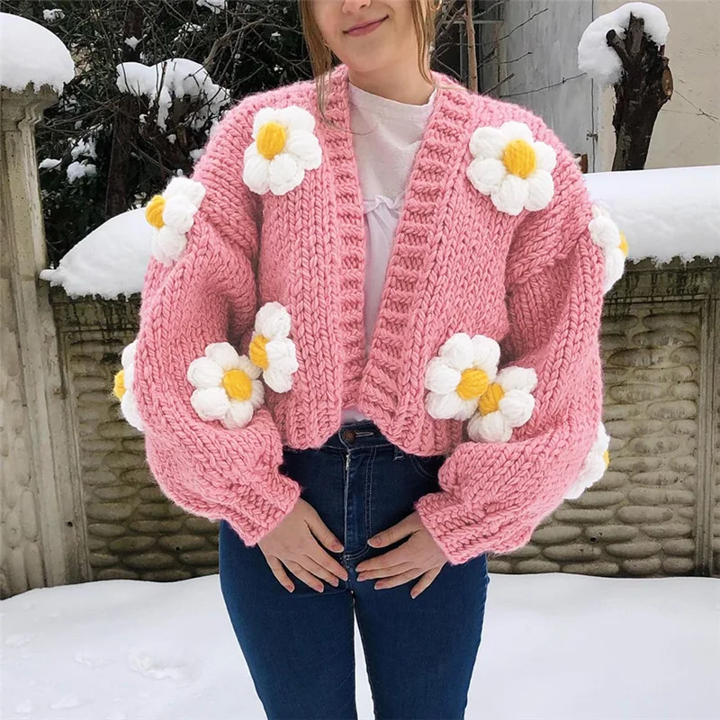 

Kawaii Pink Flower V Neck Y2k Knitted Cardigan Women Sweaters Warm Knit Coat Tops Autumn Winter Knitwear Cute Sweater Cardigans