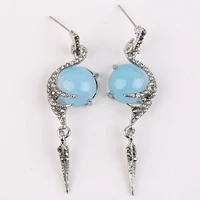 fashion silver color angel wings long earrings blue stone crystal leaf stud for women elegant wedding jewelry b4m194
