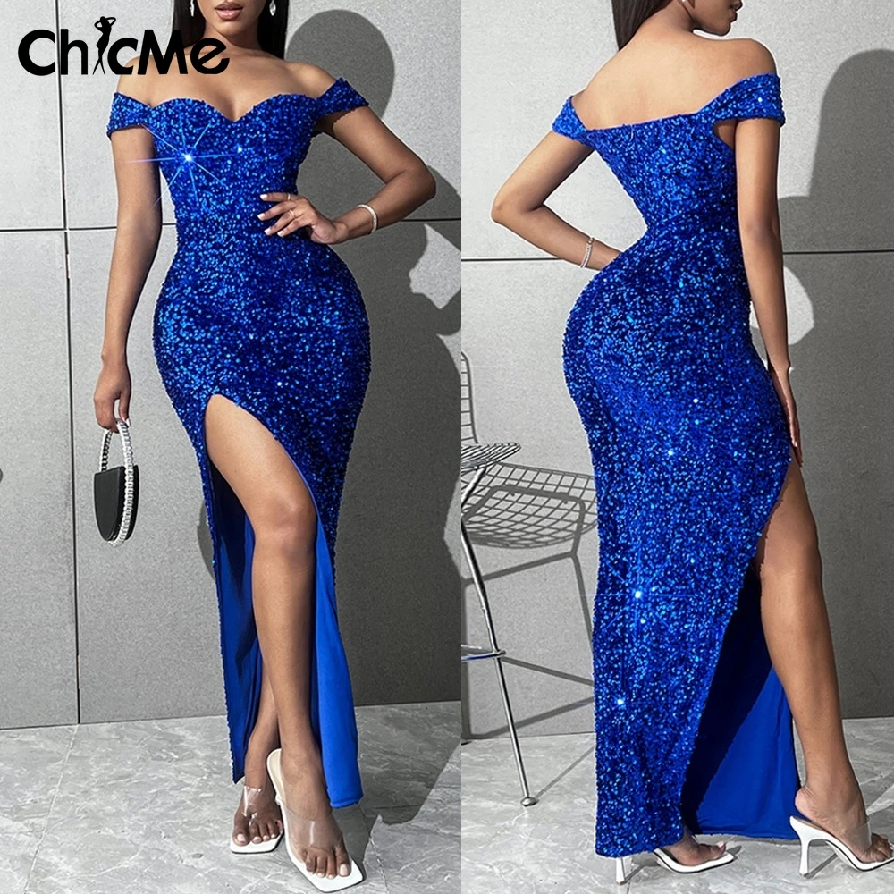 

Chicme Party Dress Women Allover Sequin Off Shoulder High Slit Maxi Dress Elegant Evening Dress Vestidos Robe Longue Femme