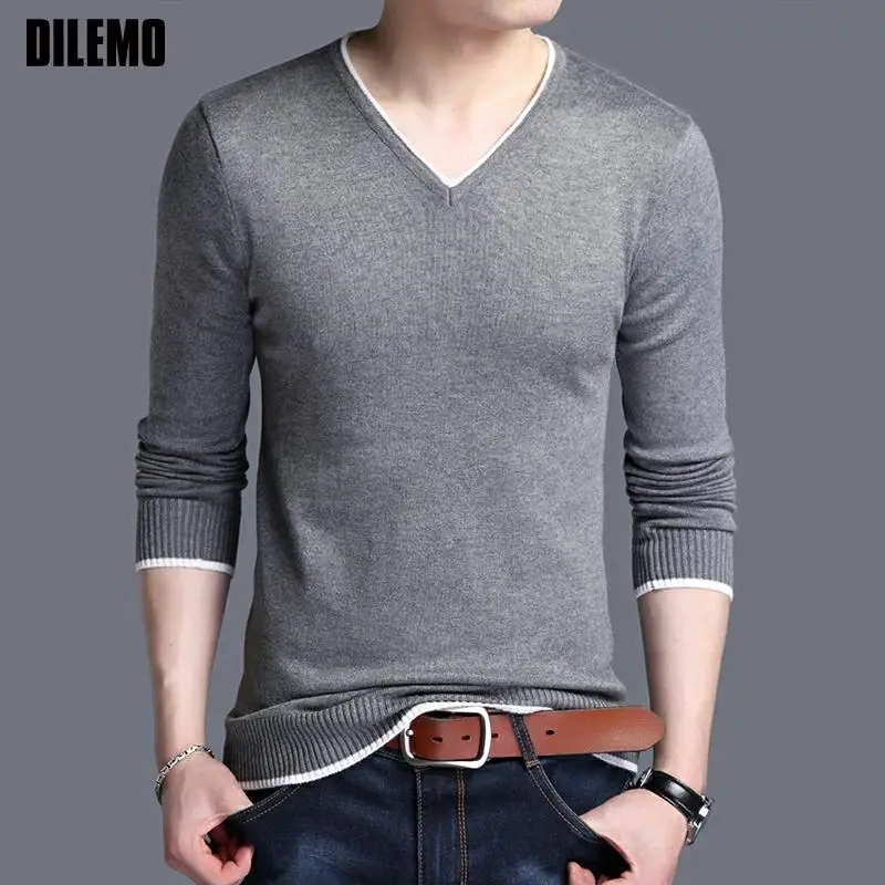 

New Fashion Brand Knit Pullover Slim Fit Solid Plain Navy Mens V Neck Sweater Thin Woolen Casual Jumper High Quality Clothes Men