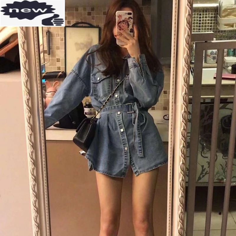 Vintage Loose Fit Shirt High Street Long Sleeve Single Breasted Sashes Denim Dress Casual Female Pocket Lapel Mini Dresses