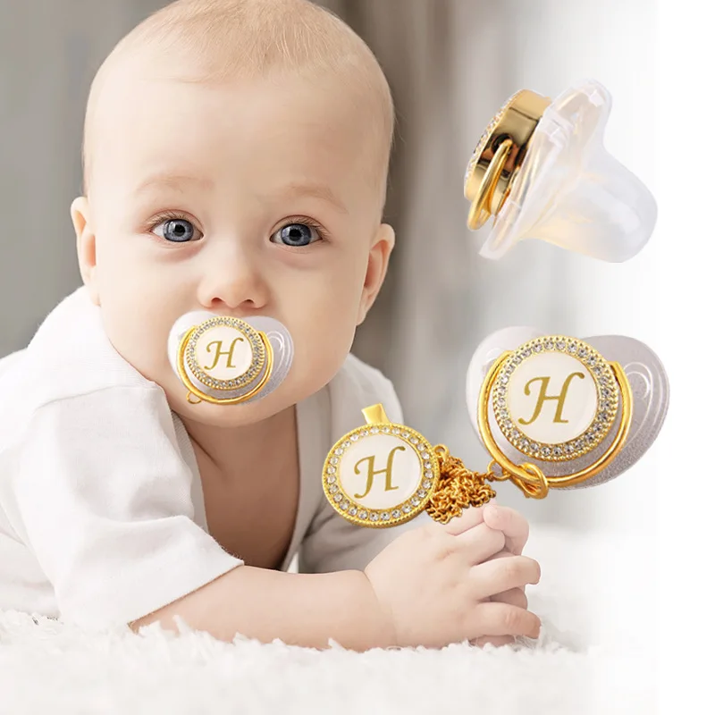 

26 Initial Letter Transparent Baby Pacifier with Chain Clip Newborn BPA Free Luxury Bling Dummy Soother Chupeta 0-18 Months