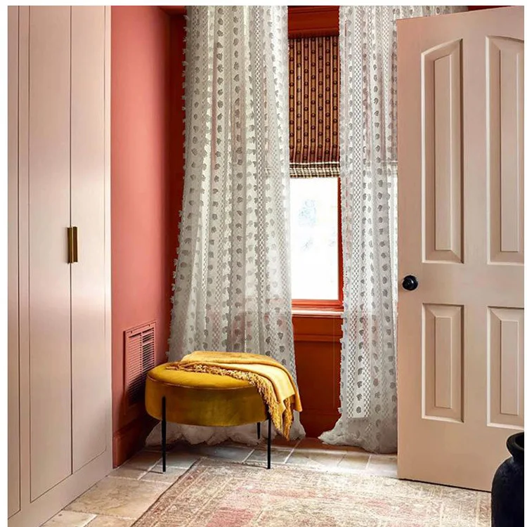 

2022 New Ins Retro French American White Pompom French Window Balcony Curtains for Living Dining Room Bedroom Tulle Small Fresh