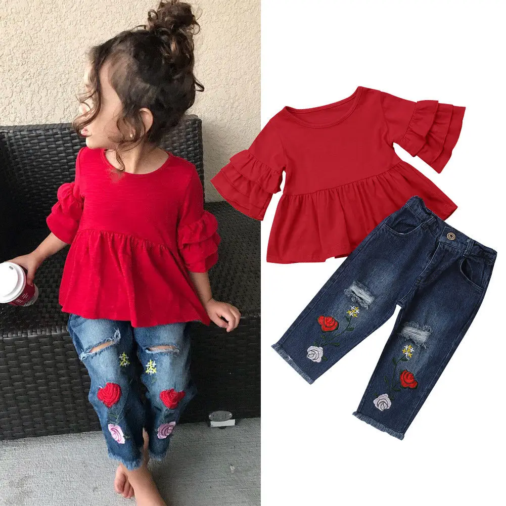 

1-6Y Fashion Summer Kids Baby Clothes Sets Ruffles Sleeve Red T-Shirts Tops Floral Print Blue Hole Denim Pants Outfits