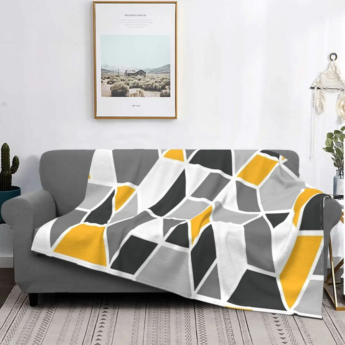 

Manta de forro polar para cama, edredones a cuadros geo-amarillos y grises абстракты, для sofda